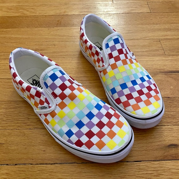 rainbow checkerboard slip on vans